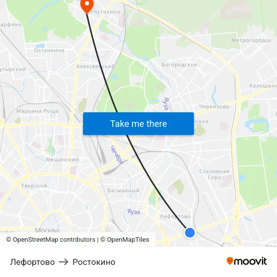 Лефортово to Ростокино map