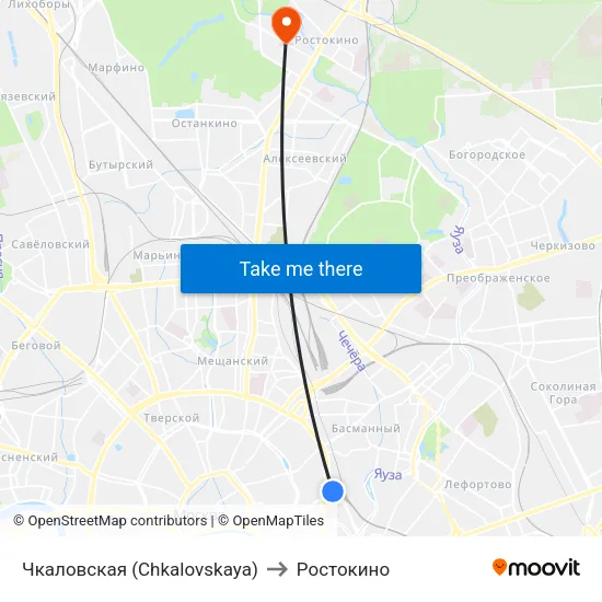 Чкаловская (Chkalovskaya) to Ростокино map