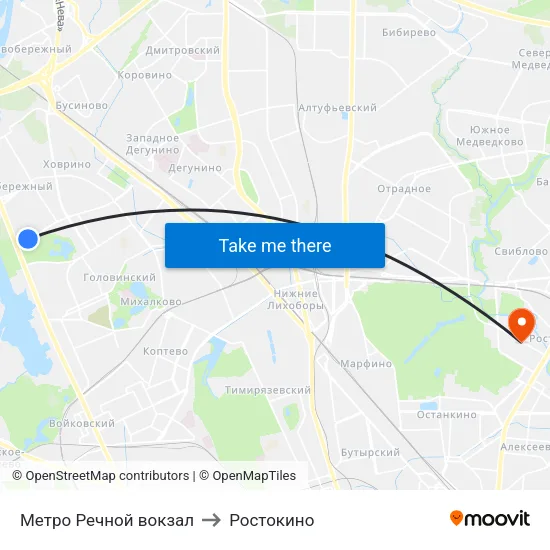 Метро Речной вокзал to Ростокино map