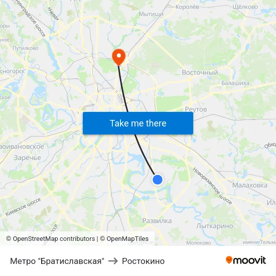 Метро "Братиславская" to Ростокино map