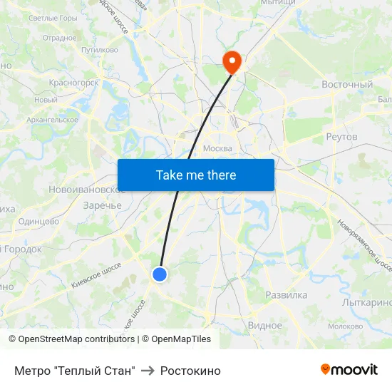 Метро "Теплый Стан" to Ростокино map