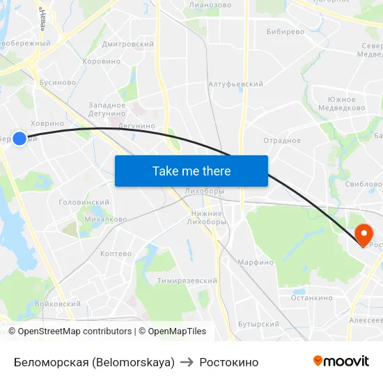 Беломорская (Belomorskaya) to Ростокино map