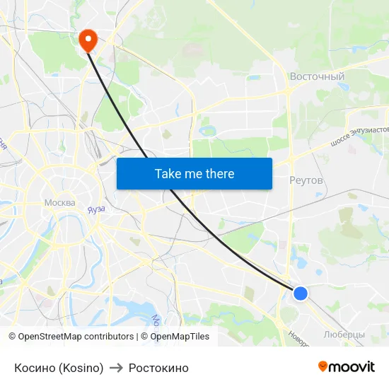 Косино (Kosino) to Ростокино map