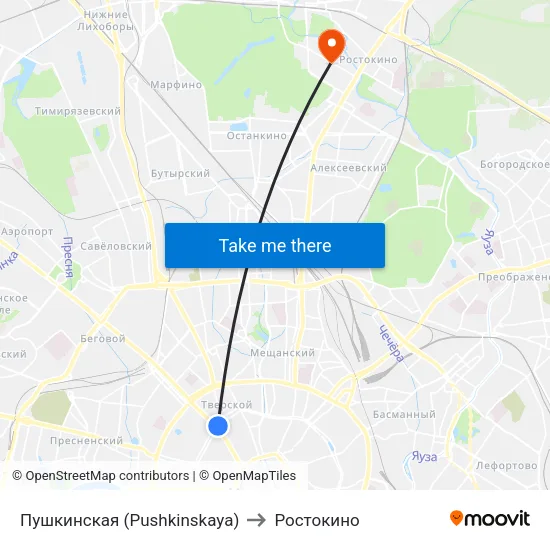 Пушкинская (Pushkinskaya) to Ростокино map