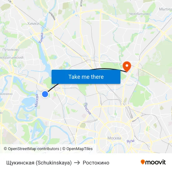 Щукинская (Schukinskaya) to Ростокино map