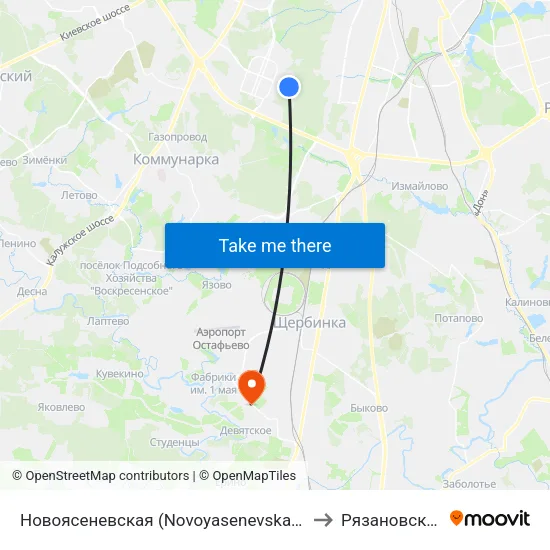 Новоясеневская (Novoyasenevskaya) to Рязановское map