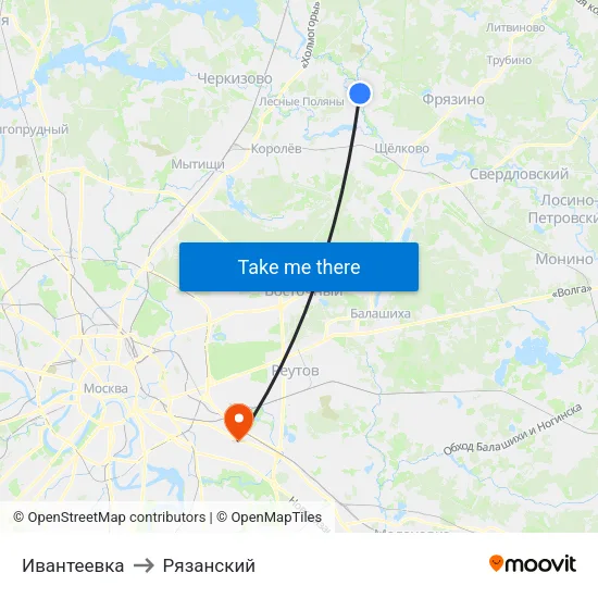 Ивантеевка to Рязанский map