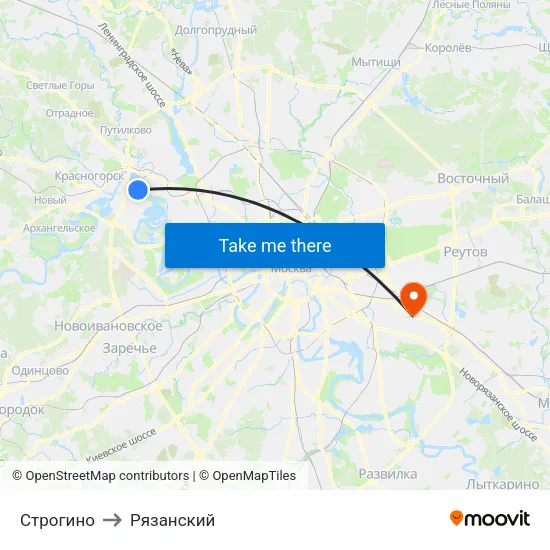 Строгино to Рязанский map