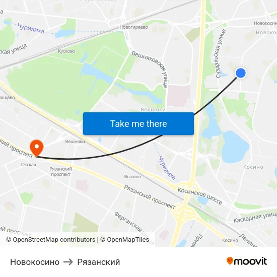 Новокосино to Рязанский map