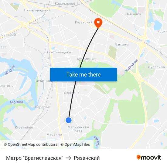 Метро "Братиславская" to Рязанский map
