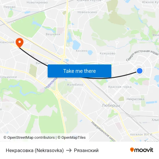 Некрасовка (Nekrasovka) to Рязанский map