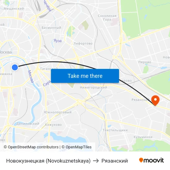 Новокузнецкая (Novokuznetskaya) to Рязанский map