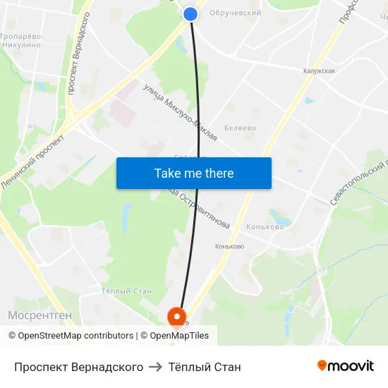 Проспект Вернадского to Тёплый Стан map