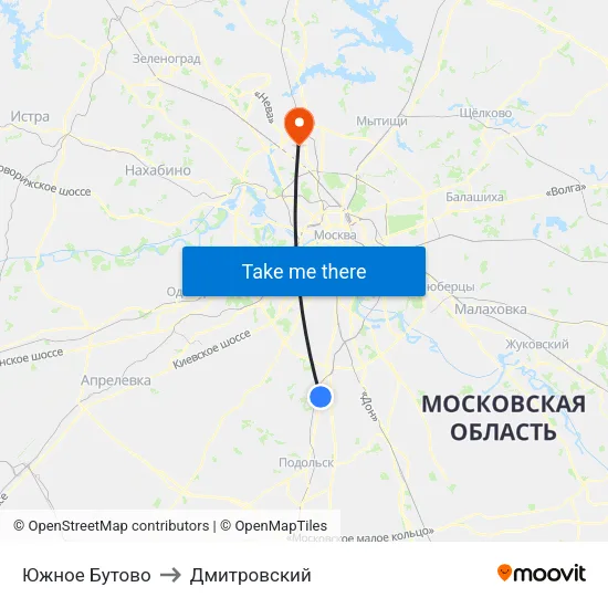 Южное Бутово to Дмитровский map
