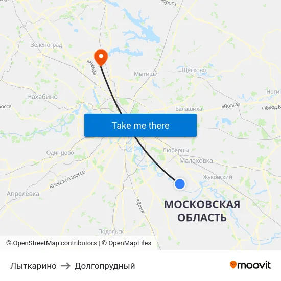 Лыткарино to Долгопрудный map