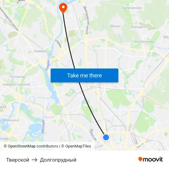 Тверской to Долгопрудный map
