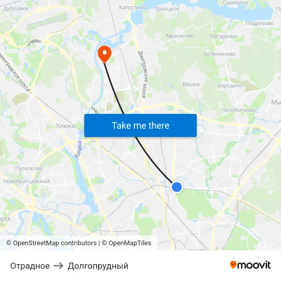 Отрадное to Долгопрудный map