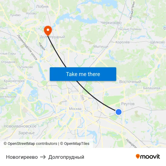Новогиреево to Долгопрудный map