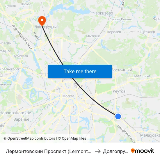 Лермонтовский Проспект (Lermontovsky Prospekt) to Долгопрудный map