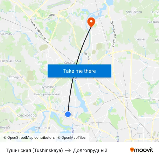 Тушинская (Tushinskaya) to Долгопрудный map