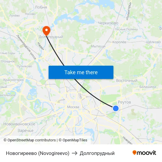 Новогиреево (Novogireevo) to Долгопрудный map