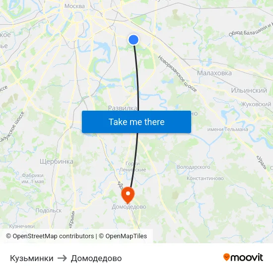 Кузьминки to Домодедово map
