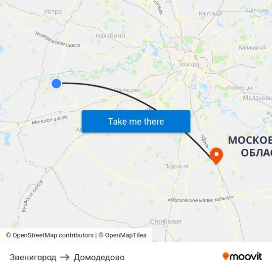 Звенигород to Домодедово map