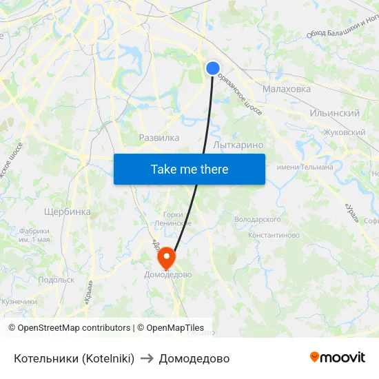 Котельники (Kotelniki) to Домодедово map