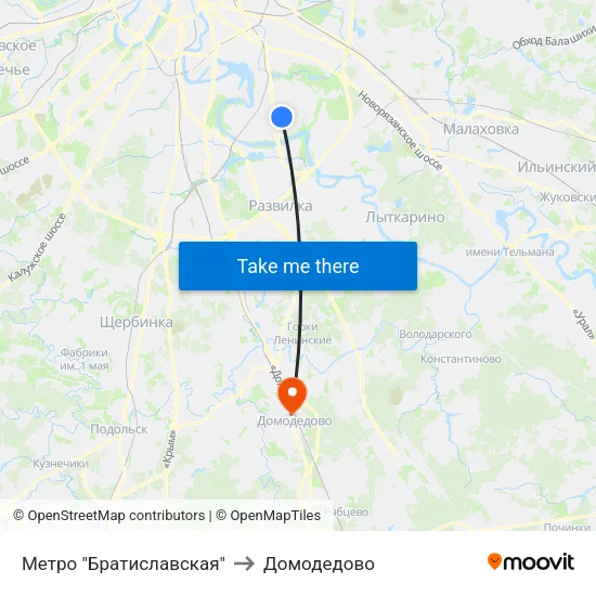 Метро "Братиславская" to Домодедово map