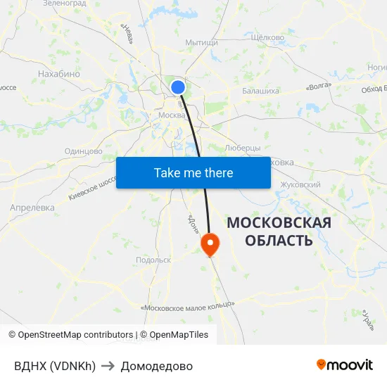 ВДНХ (VDNKh) to Домодедово map