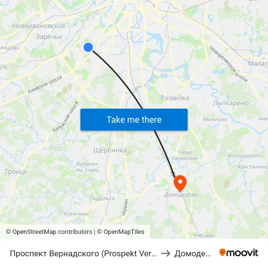 Проспект Вернадского (Prospekt Vernadskogo) to Домодедово map