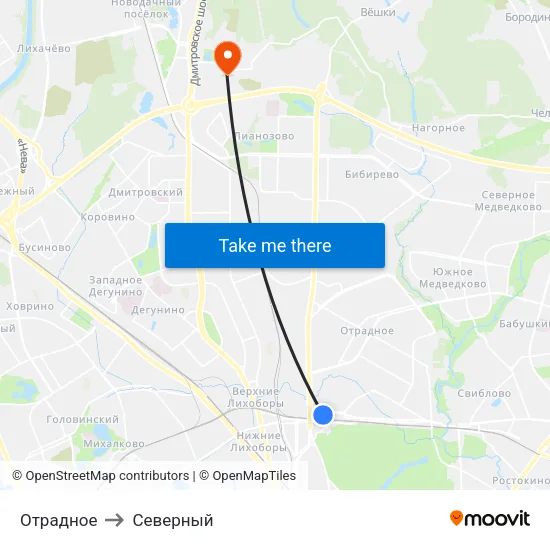 Отрадное to Северный map