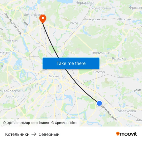 Котельники to Северный map