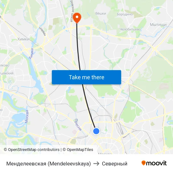 Менделеевская (Mendeleevskaya) to Северный map