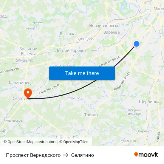 Проспект Вернадского to Селятино map