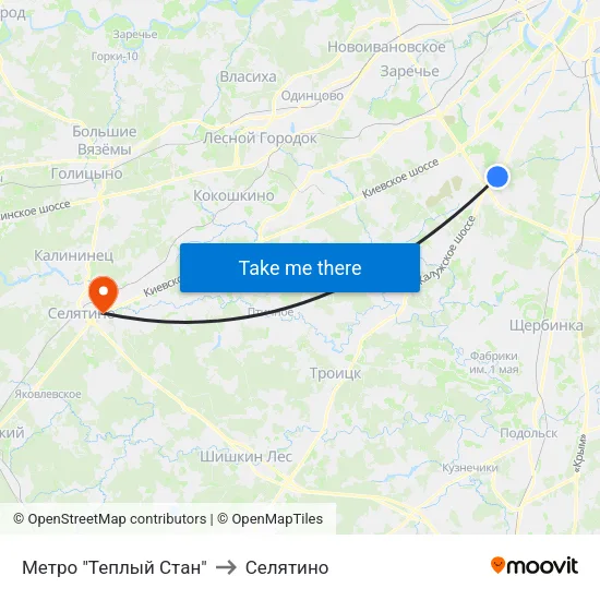 Метро "Теплый Стан" to Селятино map