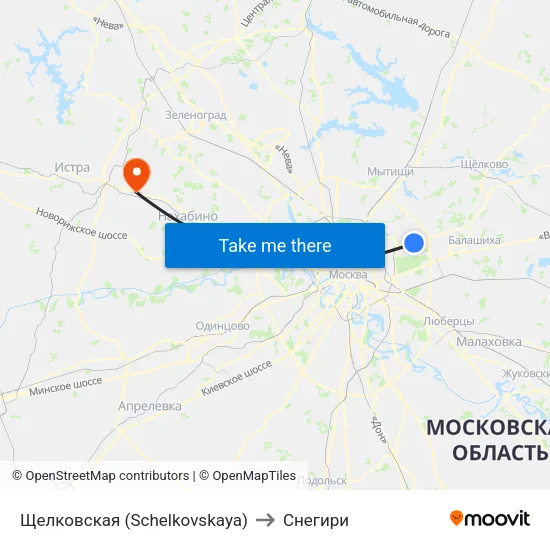 Щелковская (Schelkovskaya) to Снегири map