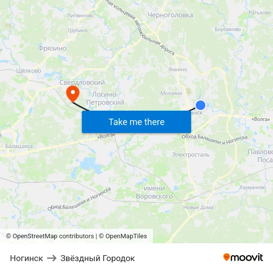Ногинск to Звёздный Городок map