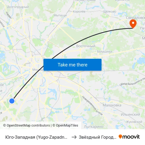Юго-Западная (Yugo-Zapadnaya) to Звёздный Городок map
