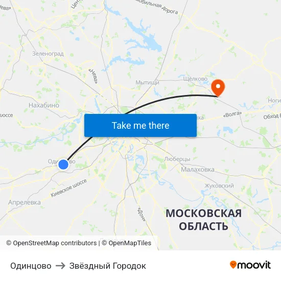 Одинцово to Звёздный Городок map