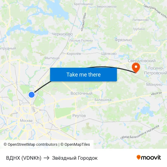 ВДНХ (VDNKh) to Звёздный Городок map