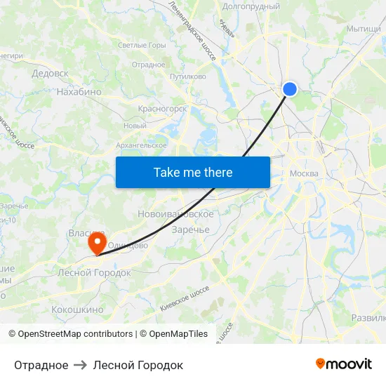 Отрадное to Лесной Городок map