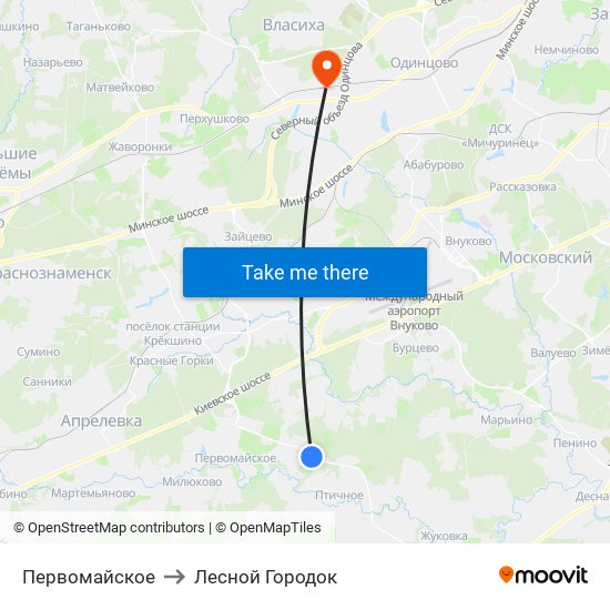 Первомайское to Лесной Городок map