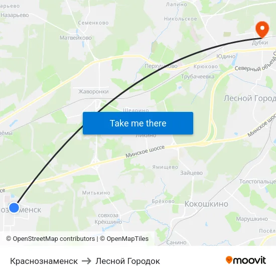 Краснознаменск to Лесной Городок map