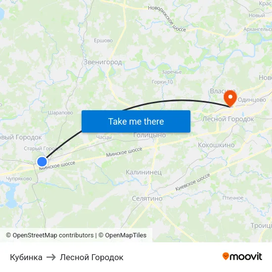 Кубинка to Лесной Городок map