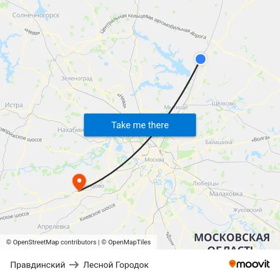 Правдинский to Лесной Городок map
