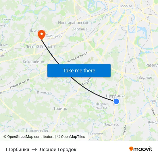 Щербинка to Лесной Городок map