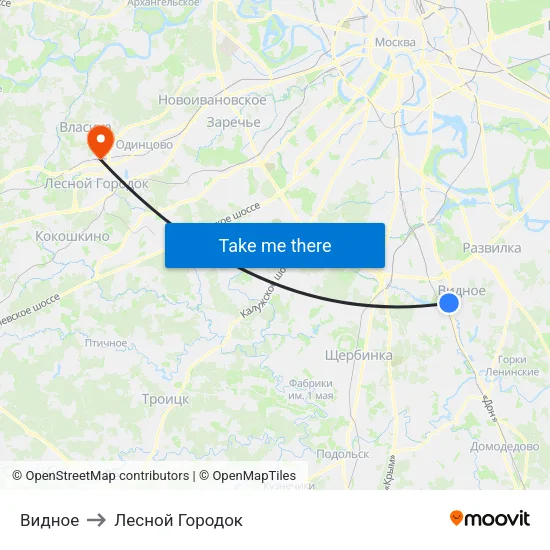 Видное to Лесной Городок map