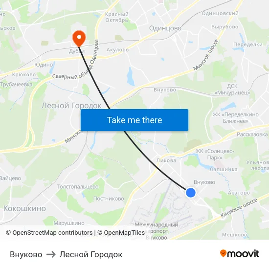 Внуково to Лесной Городок map