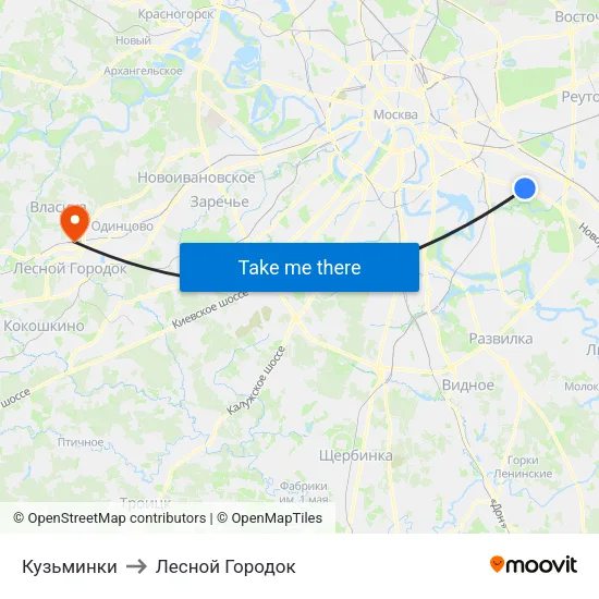 Кузьминки to Лесной Городок map